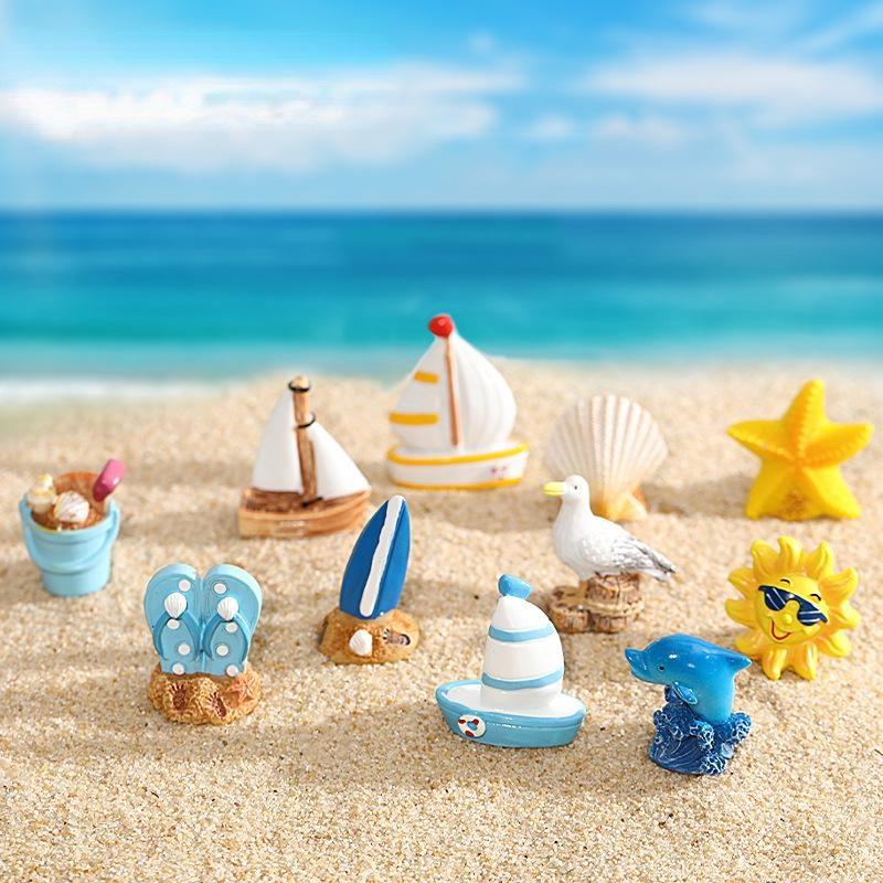 2pcs Seashore Series Mediterranean Style Ornaments Surfboard Seashells Seabirds Miniature Garden Microlandscape Home Decoration