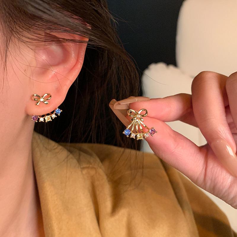 2025 Trendy Korean Micro-Inlaid Zircon Bow Earrings with S925 Silver Needle and Pearl for Women