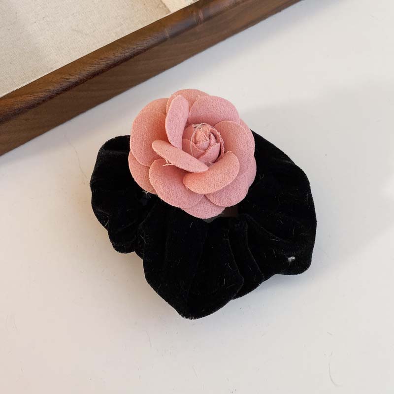 Korean Pink Velvet Camellia Hair Claw Hairpin for Women Vintage Elegant Flower Shape Shark Clip Headwear Hair Accessories