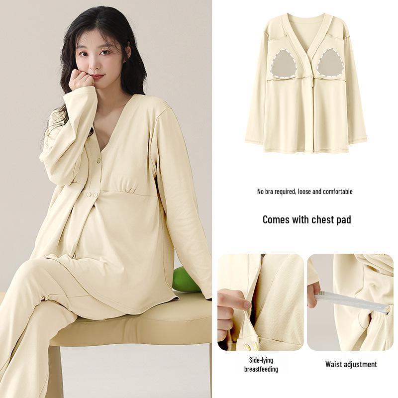 Autumn Pure Cotton Maternity Pajamas with Breast Pads - Perfect for Postpartum and Breastfeeding