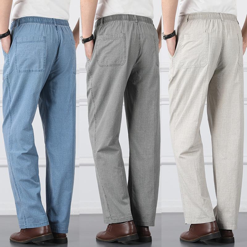 Spring Summer Men's Fashion Straight Casual Pants Solid Color Multi Pocket Cargo Pants Men Loose Cargo Trousers Linen Casual Pants Elastic Waist Pants