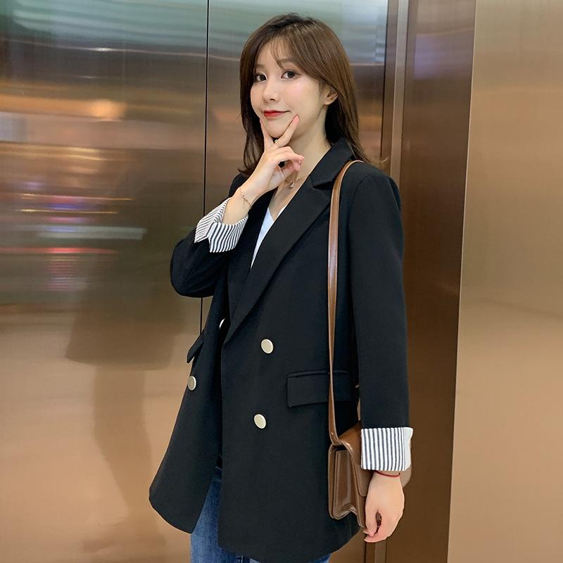 Small Blazer for Women Korean Style Loose Student Spring and Autumn New Style Striped Cuffs Mid-length Casual Black Suit