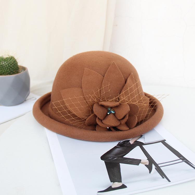 Hat Women'S Autumn And Winter Fashion Flower Bucket Hat Korean Version Of Crimped Wool Hat Women'S British Retro Bowler Hat