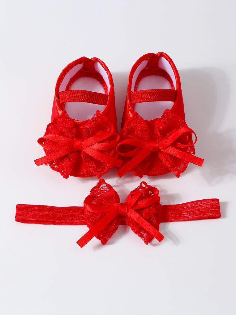 Elegant Lace Pearl Tulle Bow Baby Crib Shoes Matching Stretch Headband Set, Non-Slip Flexible Sole Toddler First Walkers Princess Outfit Accessory