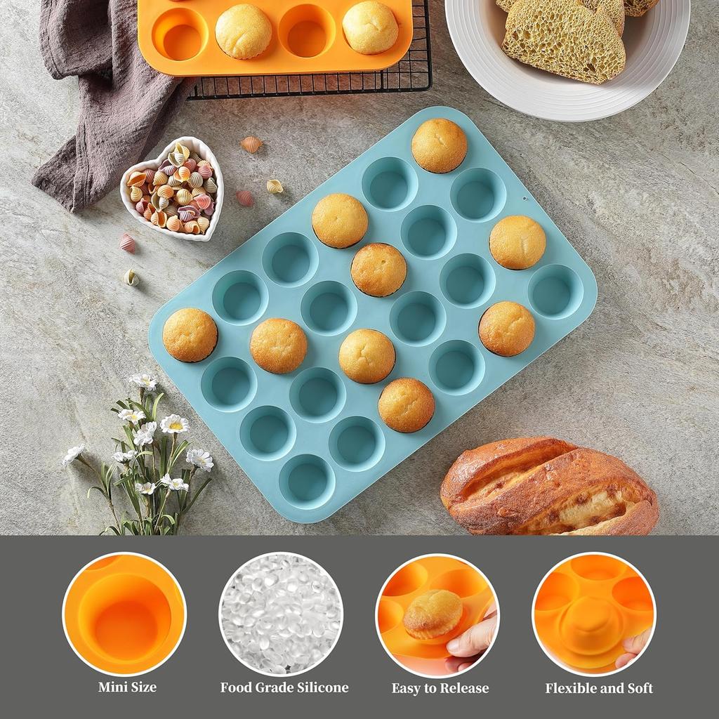 2PCS Silicone Mini Muffin & Cupcake Pan Set, Little Cook 24 Cups Mini Muffin Baking Pan, Non-Stick, BPA Free, Dishwasher Safe, Perfect for Making