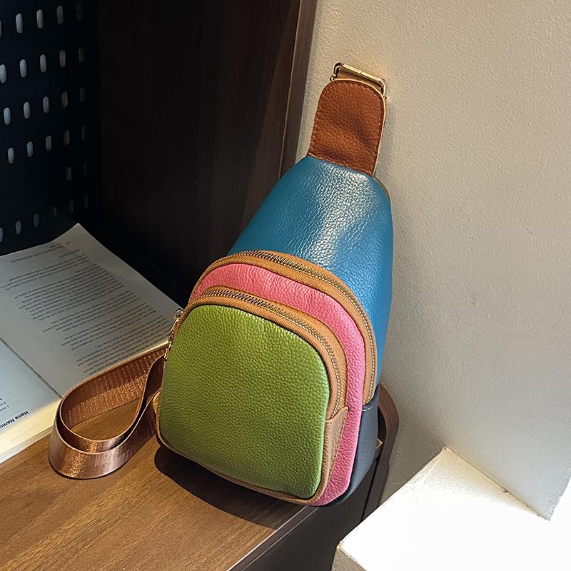 Color Stitching Genuine Leather Women Chest Bag Shoulder Bags Cowhide Purse bag Multi-pocket Sports Crossbody bags Men's Handbag