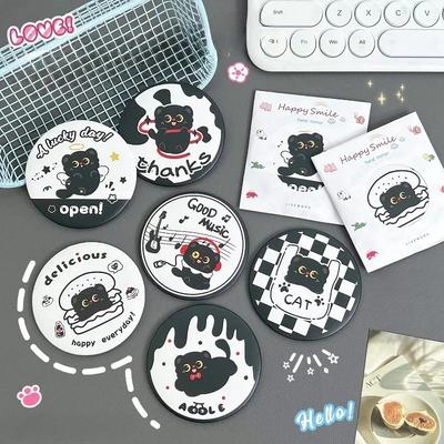 2 Peças 7cm Kawaii Desenho Animado Gato Preto Folha de Flandres Espelhos Redondos Espelho de Maquilhagem Portátil de Viagem para Menina Bonito Mini Espelho de Bolso de Mão