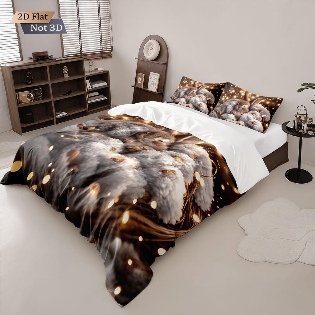 3Pcs Cute Cartoon Sleeping Rabbit Printed Down Duvet Cover Set, Multi Size Bedroom Bedding Decoration, Machine Washable