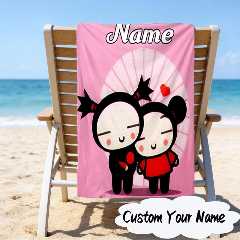 Custom Name Heartfelt Pucca Love Microfiber Beach Towel Super Soft & Absorbent for Bath, Beach, Travel  Bath Time Accessory, Fan gifts