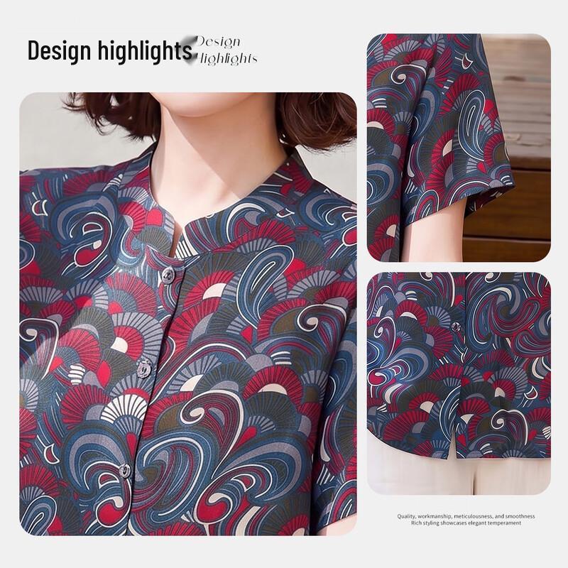 Elegant Retro Print Short Sleeve Blouse for Mature Women