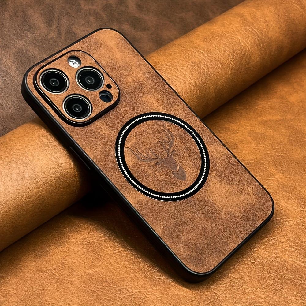 Luxuriöse Kunstschaffell-Kunstlederhülle für iPhone 17 16 15 14 13 12 Pro Max Plus Hirschkopf Magnetische Kabellose Aufladung Weiche Stoßfeste Abdeckung