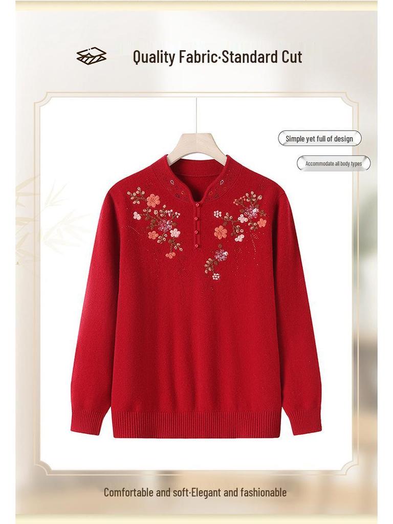 Mamas reiner Woll-Strickpullover mit Stickerei - Übergröße, lockere Passform für Frauen mittleren und höheren Alters (Herbst Winter)