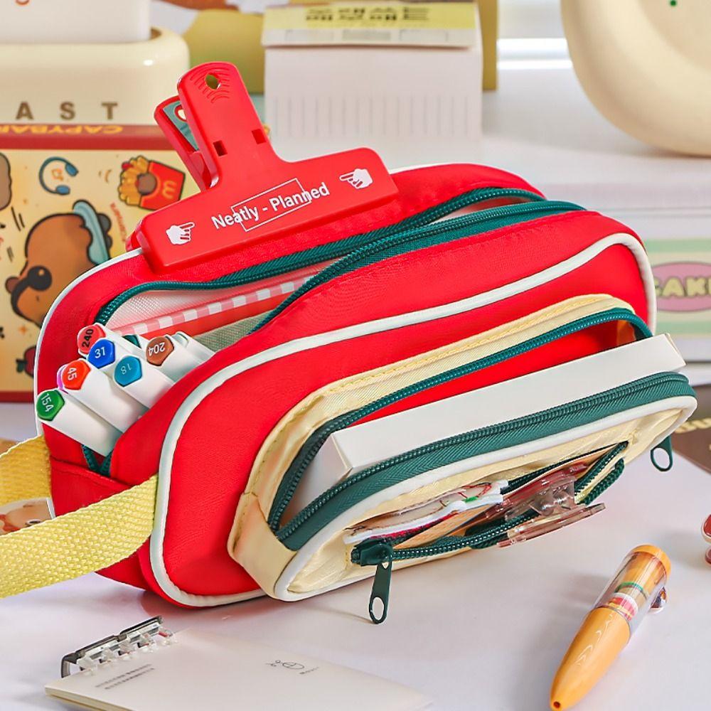 Cute Embroidery Sticker Pen Bag Five Layers Multi-functional Stationery Bag Large Capacity Pencil Case Students