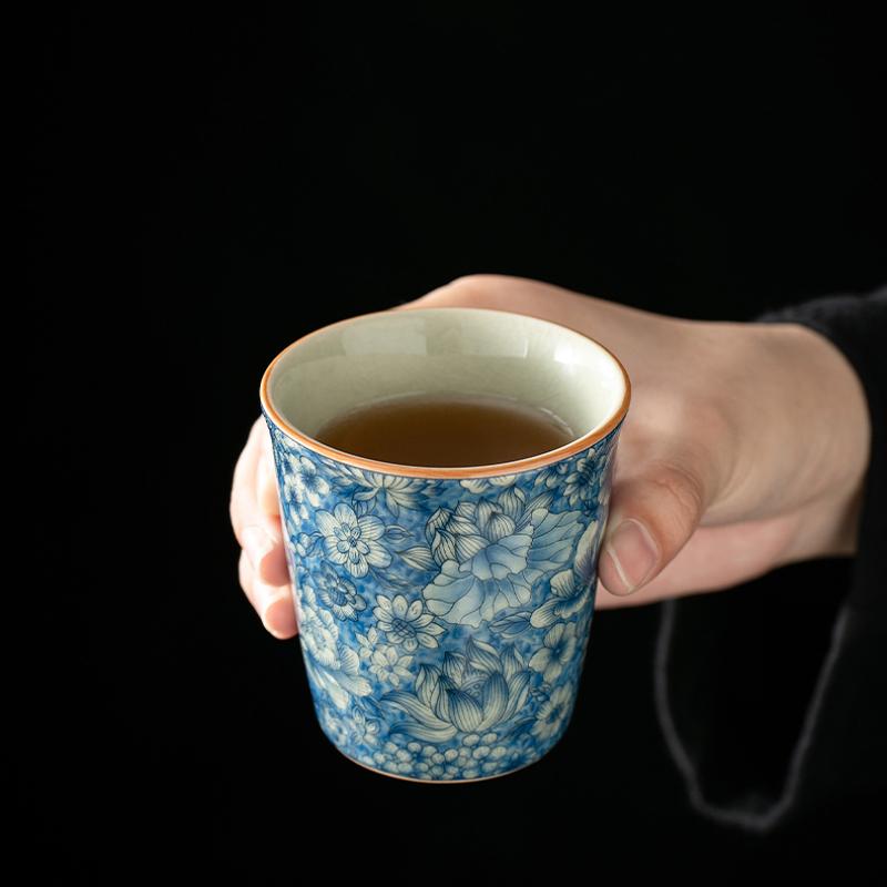 Antique Blue White Ceramic Teacup - Ru Kiln Crackle Glaze, Kung Fu Tea Set, Seasonable Single Cup for Tea Lovers, Personal Use