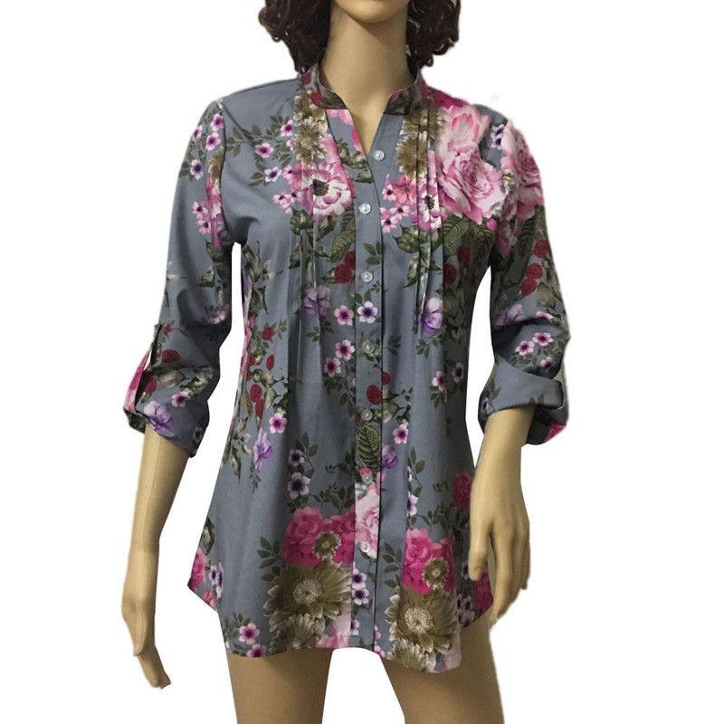 Women Tops Shirt Vintage Floral Print V Neck Tunic Tops Blouse Clothing Gift