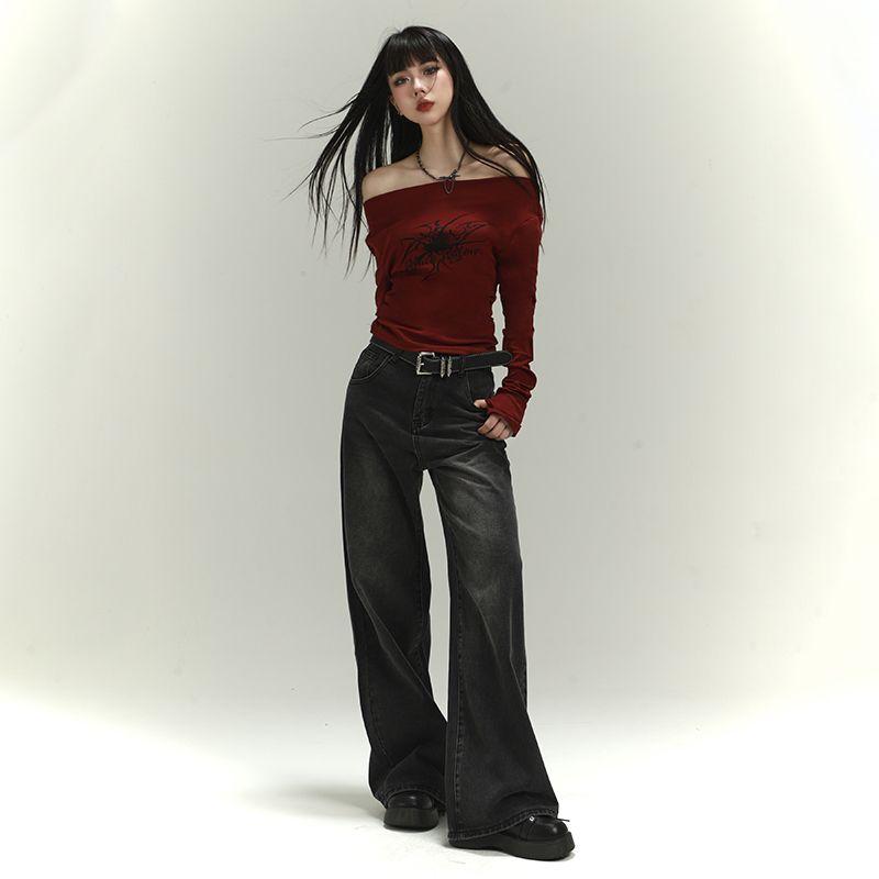 Dámská Y2K Gotická trička Bez ramena Podzim Streetwear Pohádkové jádro Hip Hop Topy Punk Ležérní Trička Dámské oblečení