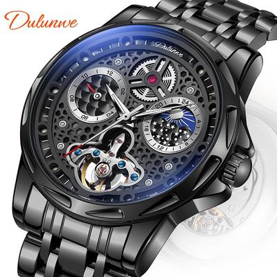 Montres-bracelets de luxe pour hommes au design creux en nid d'abeille avec cadran à phases de lune tourbillon, montre mécanique automatique lumineuse étanche
