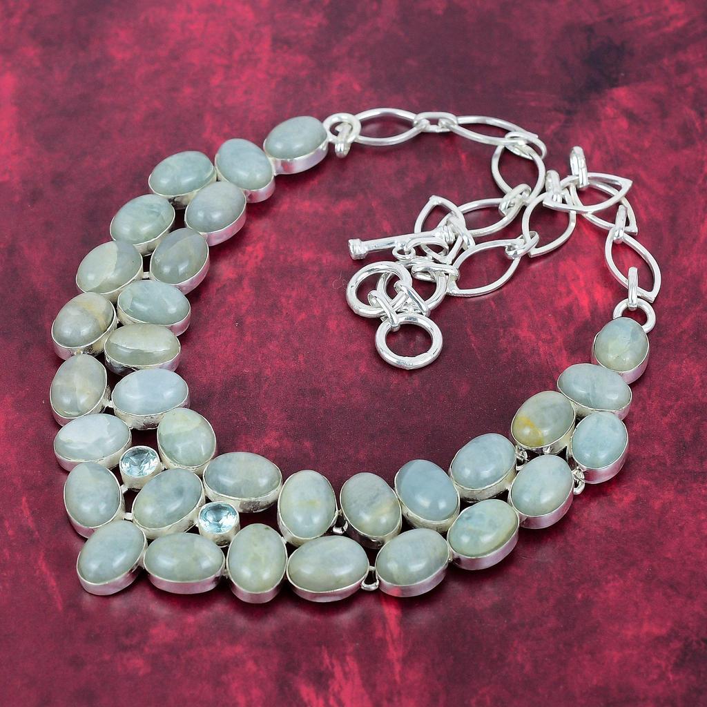 Aquamarine 925 Solid Sterling Silver Necklace with Adjustable Chain, Handmade Gemstone Jewelry Necklace For Memorial Day