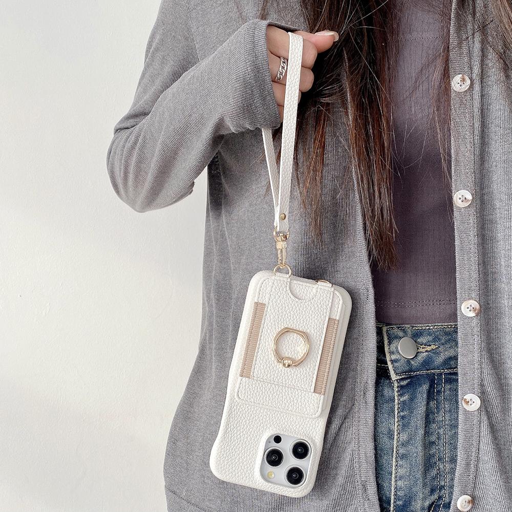 For iPhone 14 Pro Case Card Slots Kickstand PU Leather Back Cover with Ring Holder,Wrist Strap