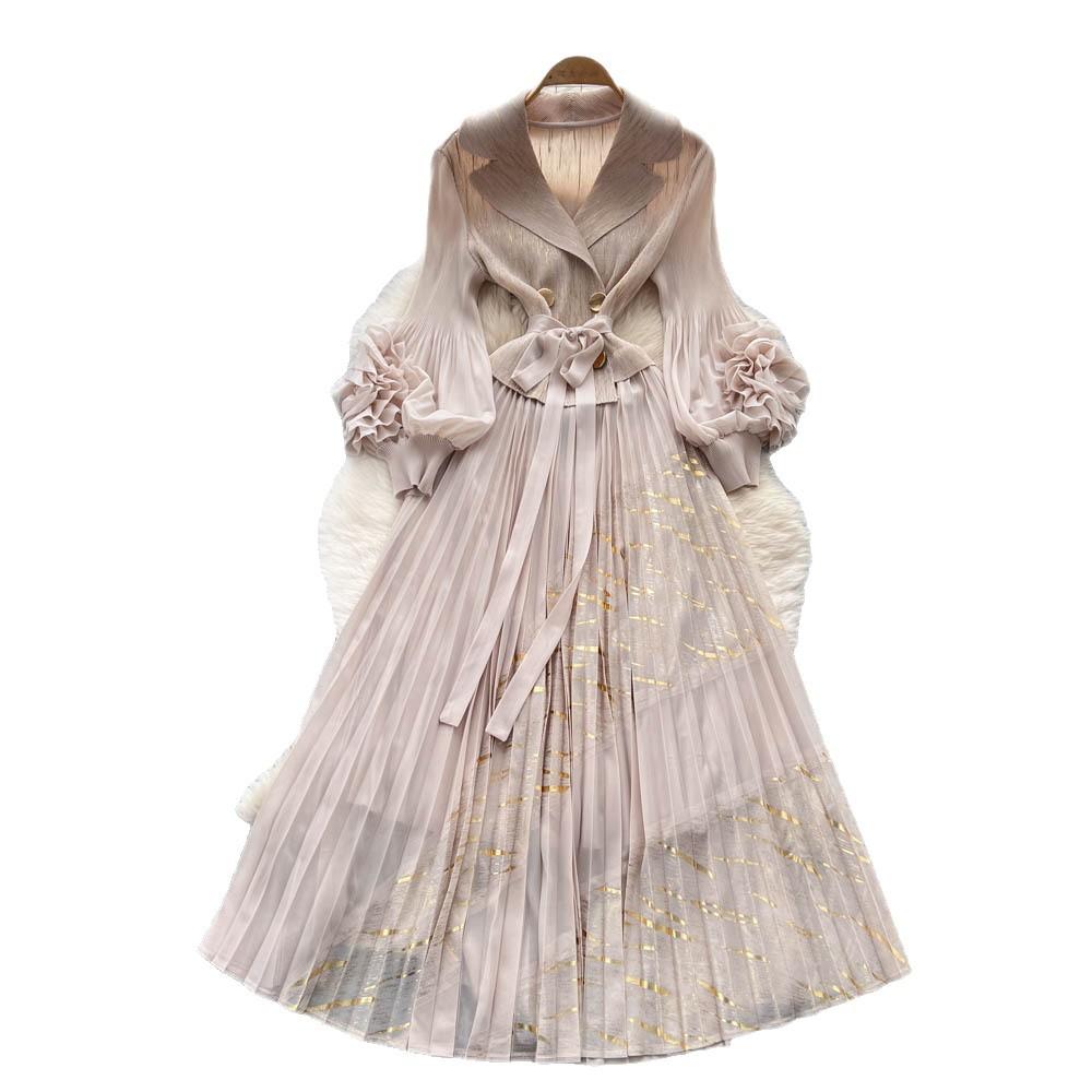 European and American dresses for women's autumn straps, waist lapels, three-dimensional flowers, lantern sleeves, pleated long skirts