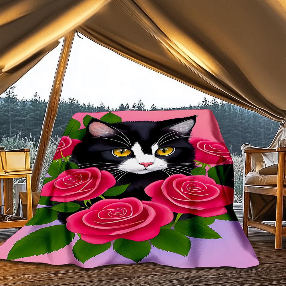 1pc Cat Roses Outdoor Flannel Blanket Soft All Season Polyester Throw , Perfect for Picnics & Travel , Picnic Accessory