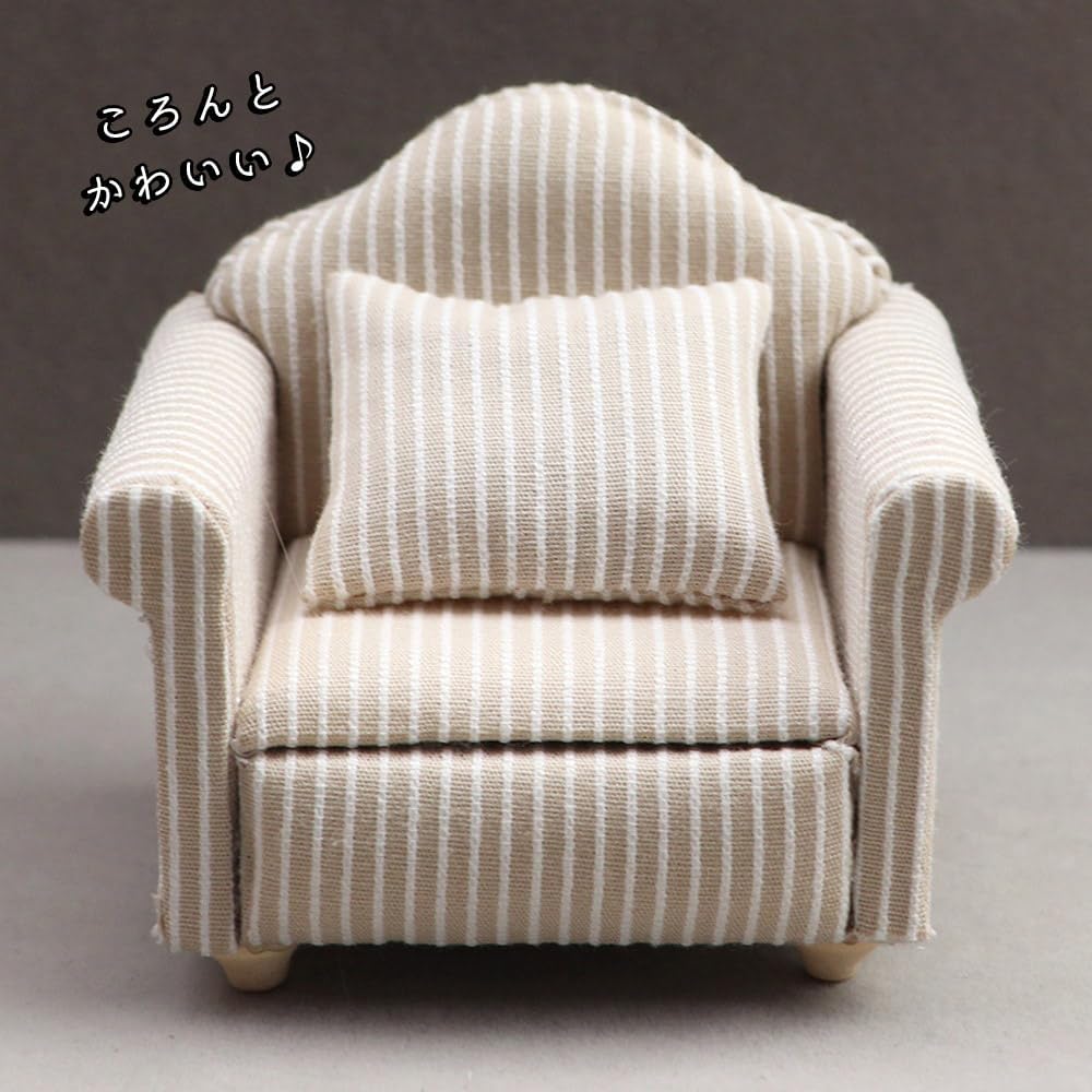 Moin Moin Miniature Furniture 1/12 Scale Sofa Set 3 Pieces White Beige Striped Fabric Dollhouse Accessories
