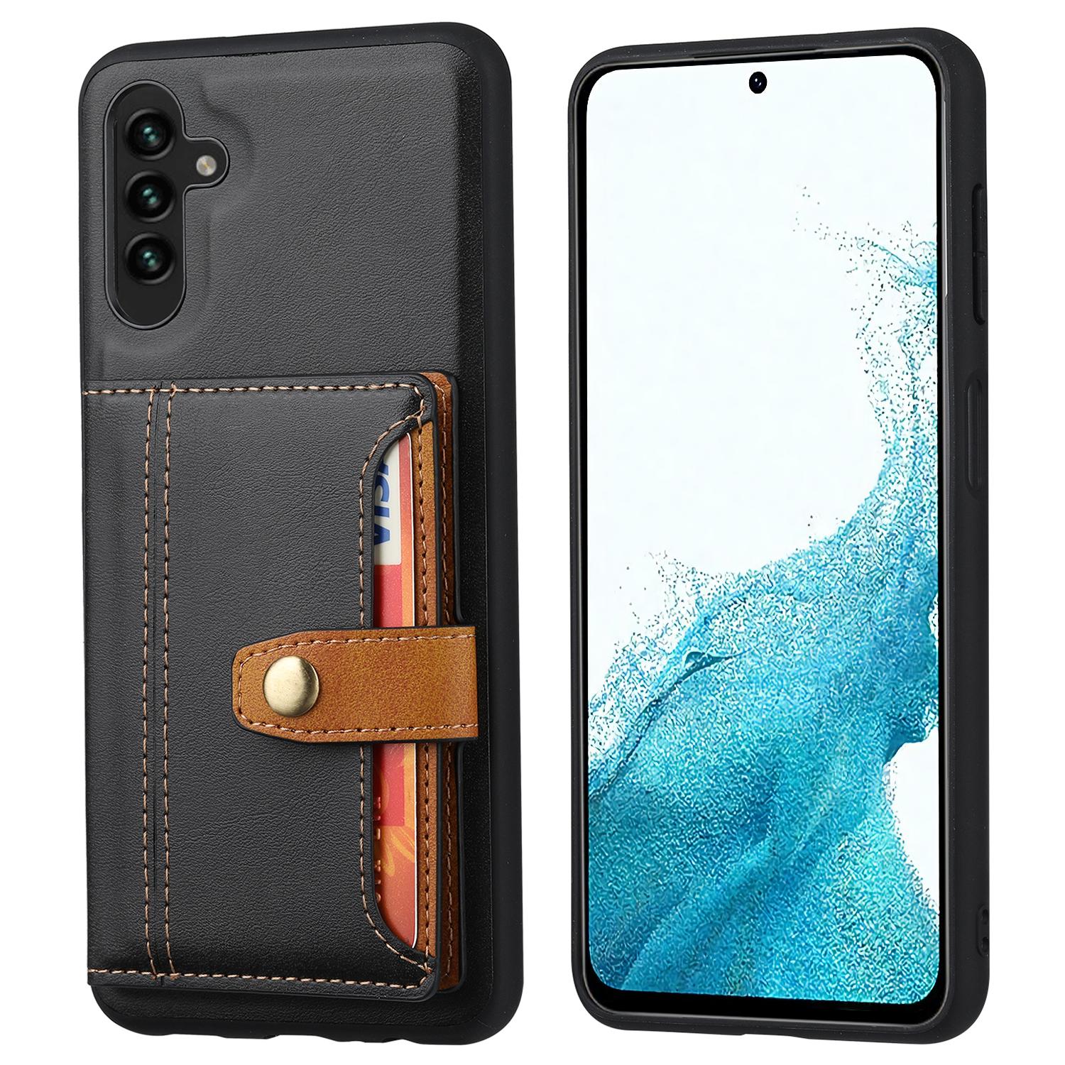

For Samsung Galaxy A54 5G Bump Proof Calf Texture Phone Case Card Slots Kickstand PU Leather Coated TPU Protective Back Cover Black
