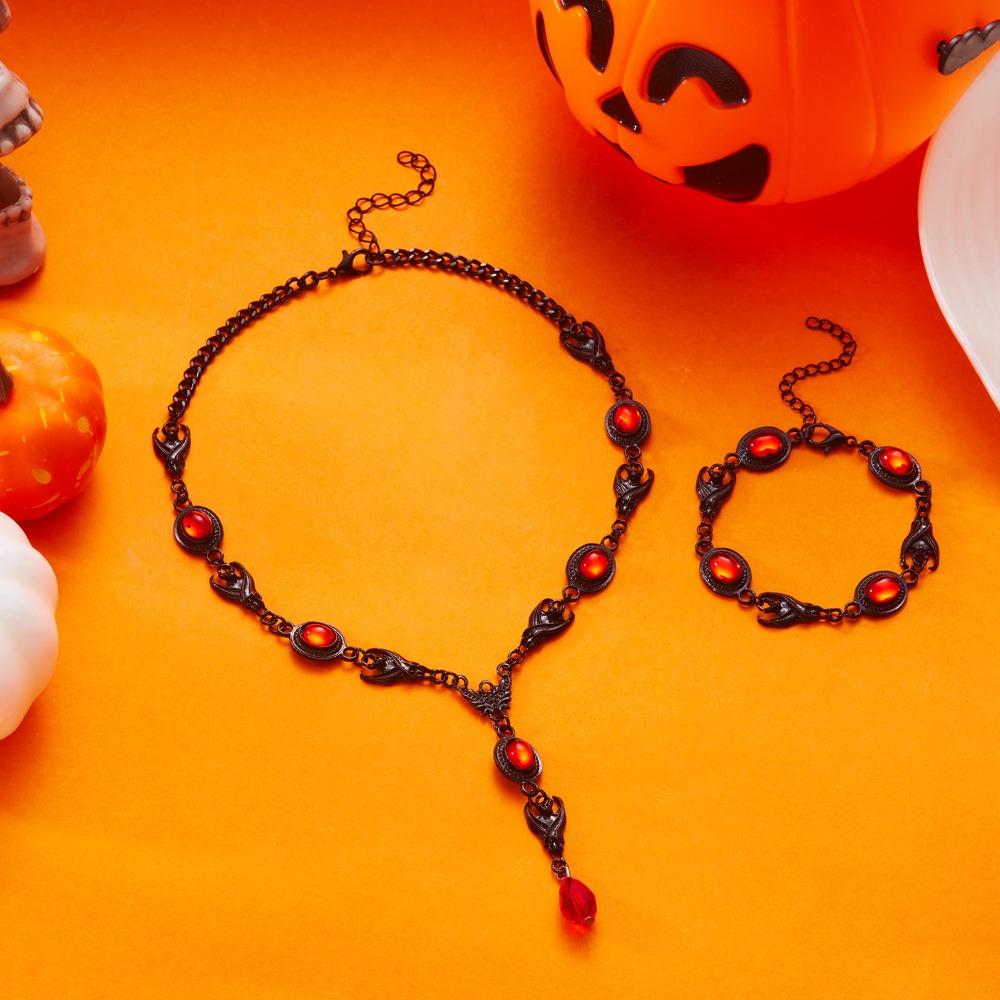 Gothic Red Black Blood-drop Bat Tassel Pendant Necklace Dangle Earrings for Women Halloween Party Jewelry Sets Accessories Gifts
