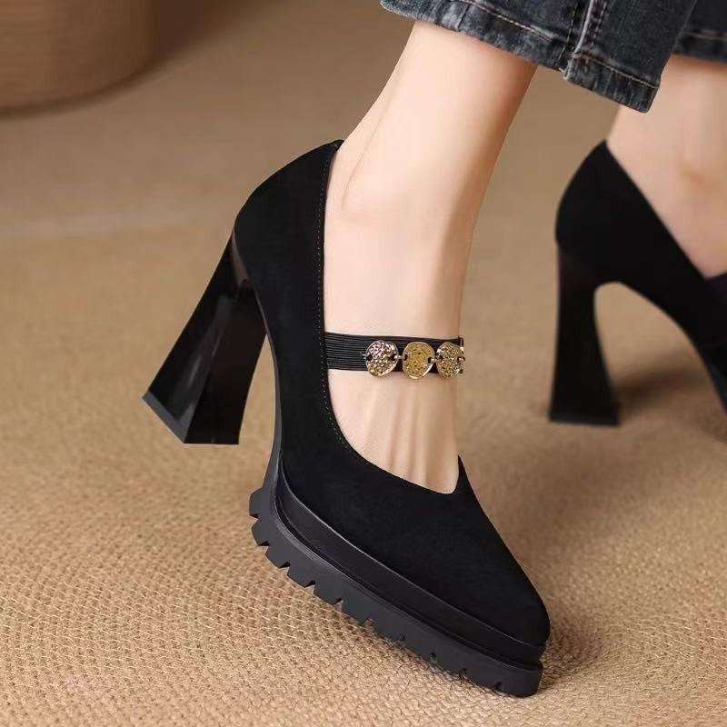Fashion Platform Metal Buckle Foot Anti-slip Wear-resistant High Heels Autumn New Pointed Toe Shallow Mouth Anti-slip Single Shoes