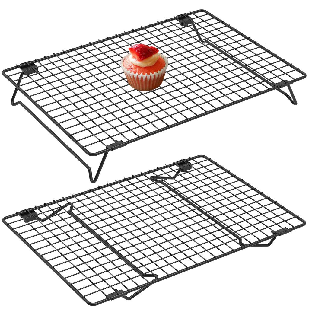2 Stück Kühlrost aus Kohlenstoffstahl, stapelbar, zum Kochen, Backen, Abkühlen, Antihaft-Rolle, Bratenblech mit klappbaren Beinen