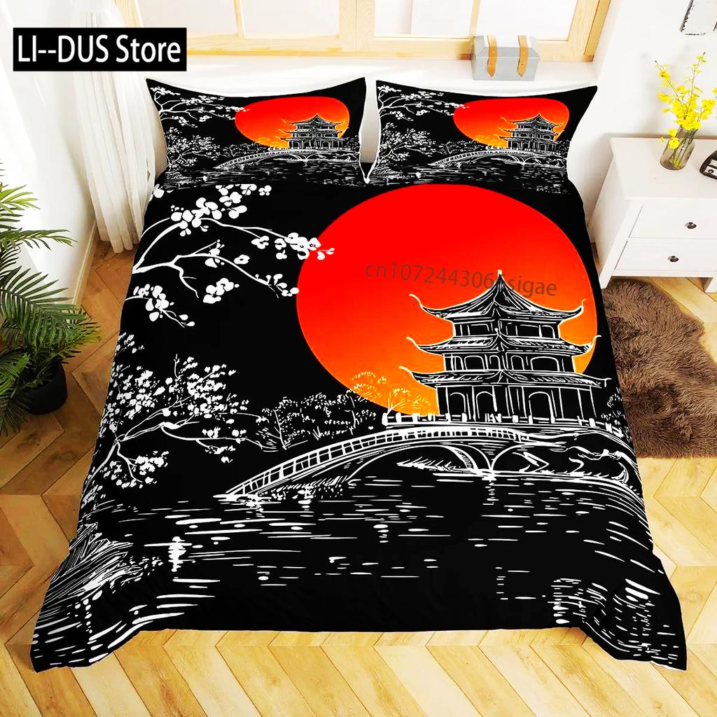 Japanese Landscape Duvet Cover Set For Teens Adults Queen Quilt Covers Lightweight Down 2 Pillowcases 1 Duvet Cover No Comforter