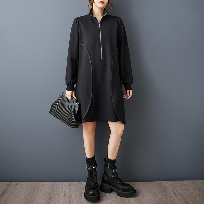 DIMANAF 2025 Women Plus Size Autumn Shirt Dress Loose Casual Oversize Long Sleeve Vintage Dress Black Zipper