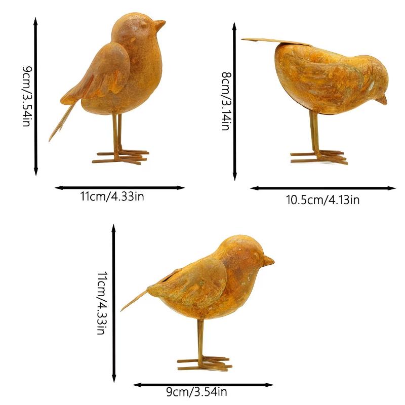 Rusty Metal Bird Figurine Set 3 Pcs Vintage 3D Sculpture Farmhouse Style for Living Room Shelf Art Decor Gift