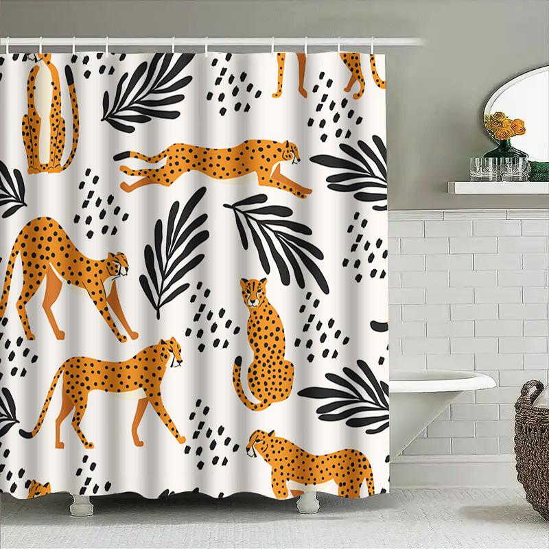 Modern Leopard Print Shower Curtain Black Gold Design With Palm Tree Leaf Pattern For Bathroom Decor 180 X 240 Cm |