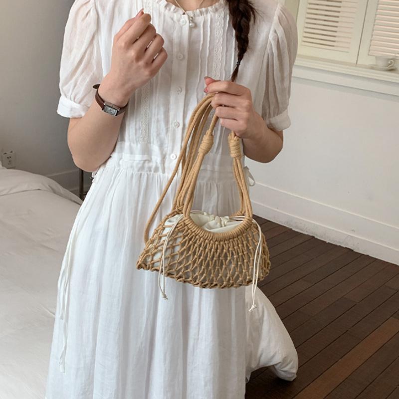 Yogodlns Summer Woven Net Shoulder Bag for Women Beach Hollow Out Crossbody Bag Retro Bohemian Vacation Daily Use Purse