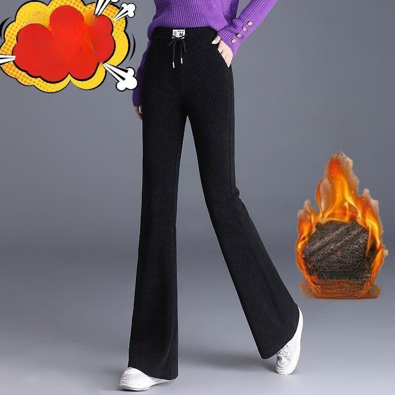 Fleece Stretched-waist Slightly Flared Pants for Women in Autumn and Winter, High-waisted, Slimming, and Drape Casual Striped Fleece Trousers