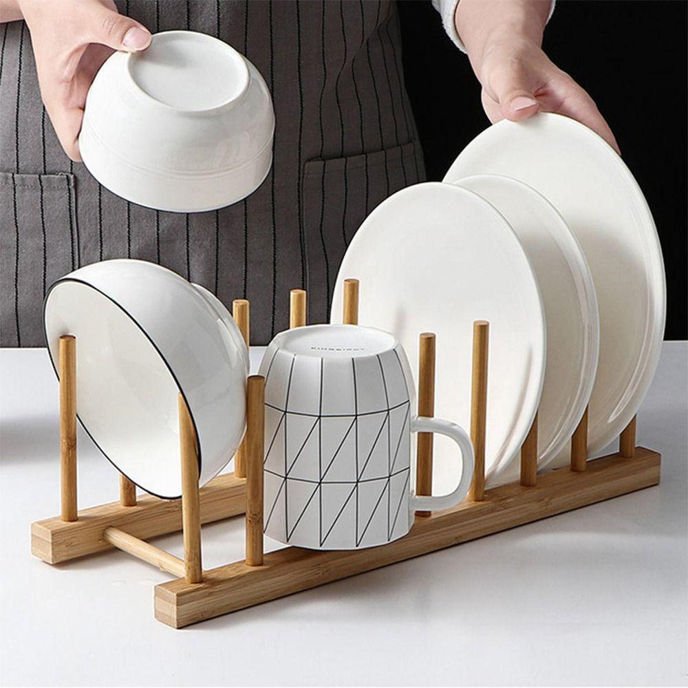 Multi Grid Design Dish Drainer Rack Wooden Pot Lid Holder Durable Kitchen Dishes Stand  Kitchen