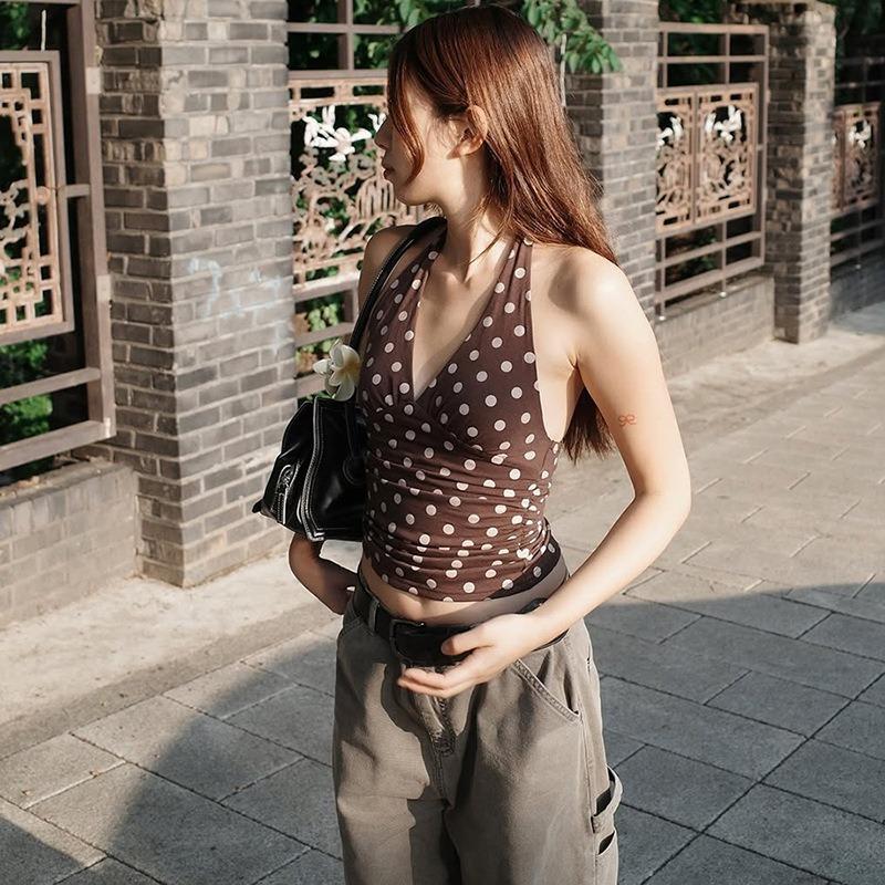 New Polka Dots Halter Neck Tank Tops Women Sexy Low-Neck Vest Slim Fit Off Shoulders Backless Short Tops Street Fashion Sexy Ruched Elegant Outfits