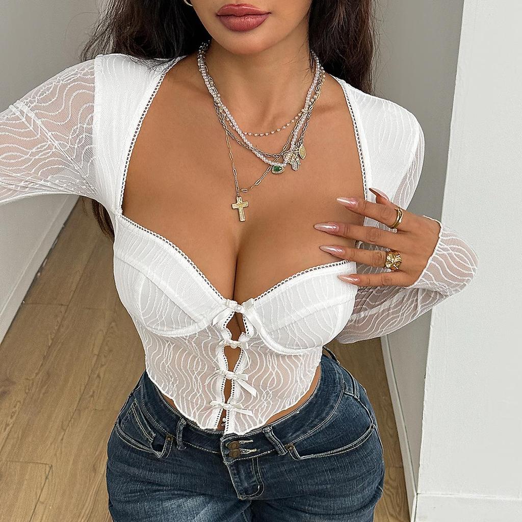 Chic Mesh Cutout Bow-Knot Long-Sleeve Pullover Top 71377