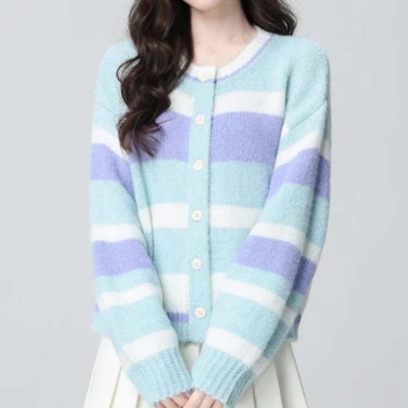 Ladies' Colorful Striped Knitted Cardigan Women's Round Neck Button Up Long Sleeved Sweater Autumn New Loose Casual Top