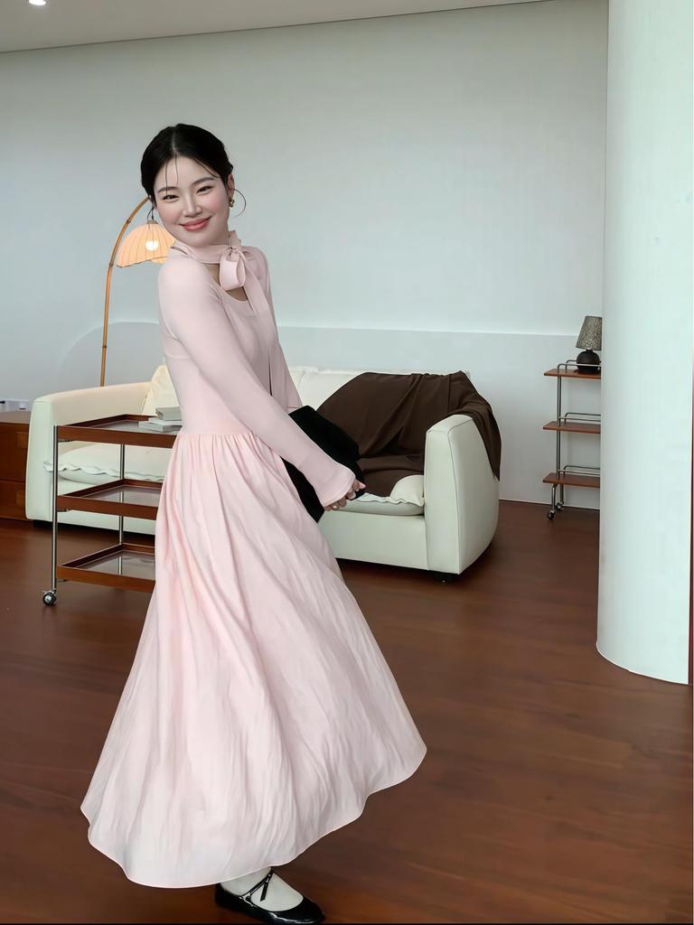 Korean Style Women's Autumn Bow Long Sleeve Elegant High Waist Slim Dress
