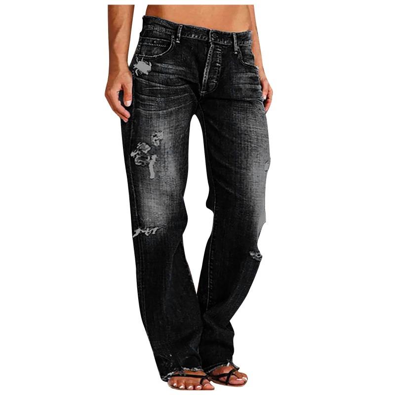 Damen Loch Jeans Vintage Ripped Denim Straight Pants 2025 Streetwear Bodenlang Mittlere Taille Gewaschen Distressed Damen Hose
