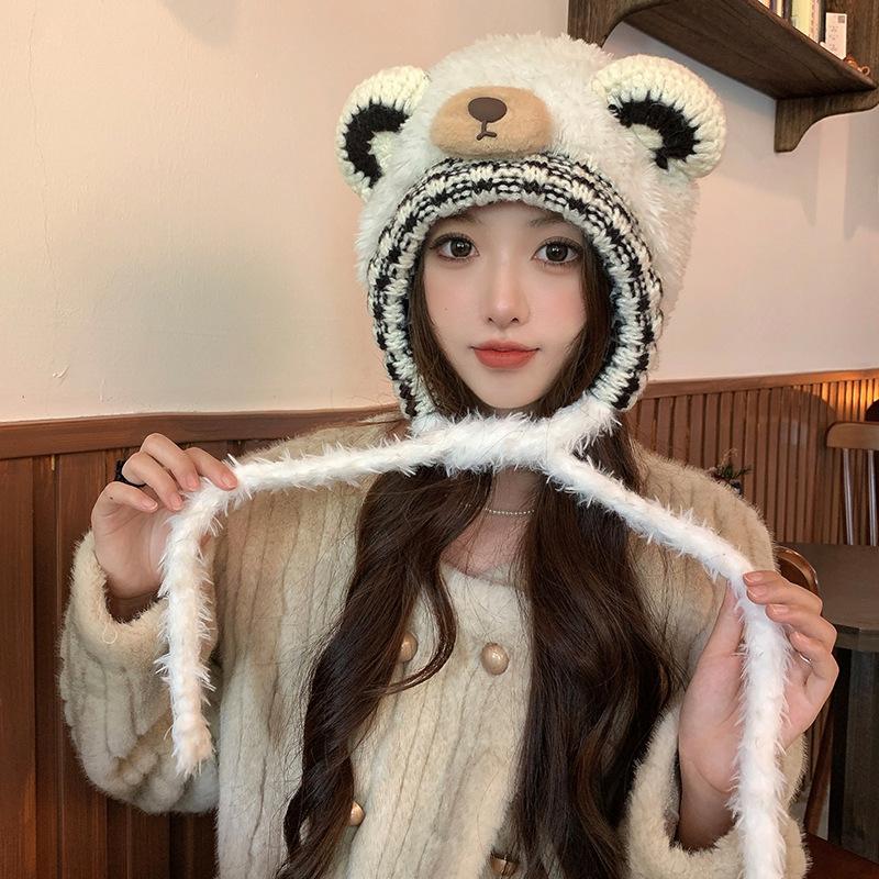 Cartoon Cute Bear Knitted Woolen Hat Thickened and Warm for Autumn and Winter  Lei Feng Hat Japanese Style Plush Pullover Cold Hat