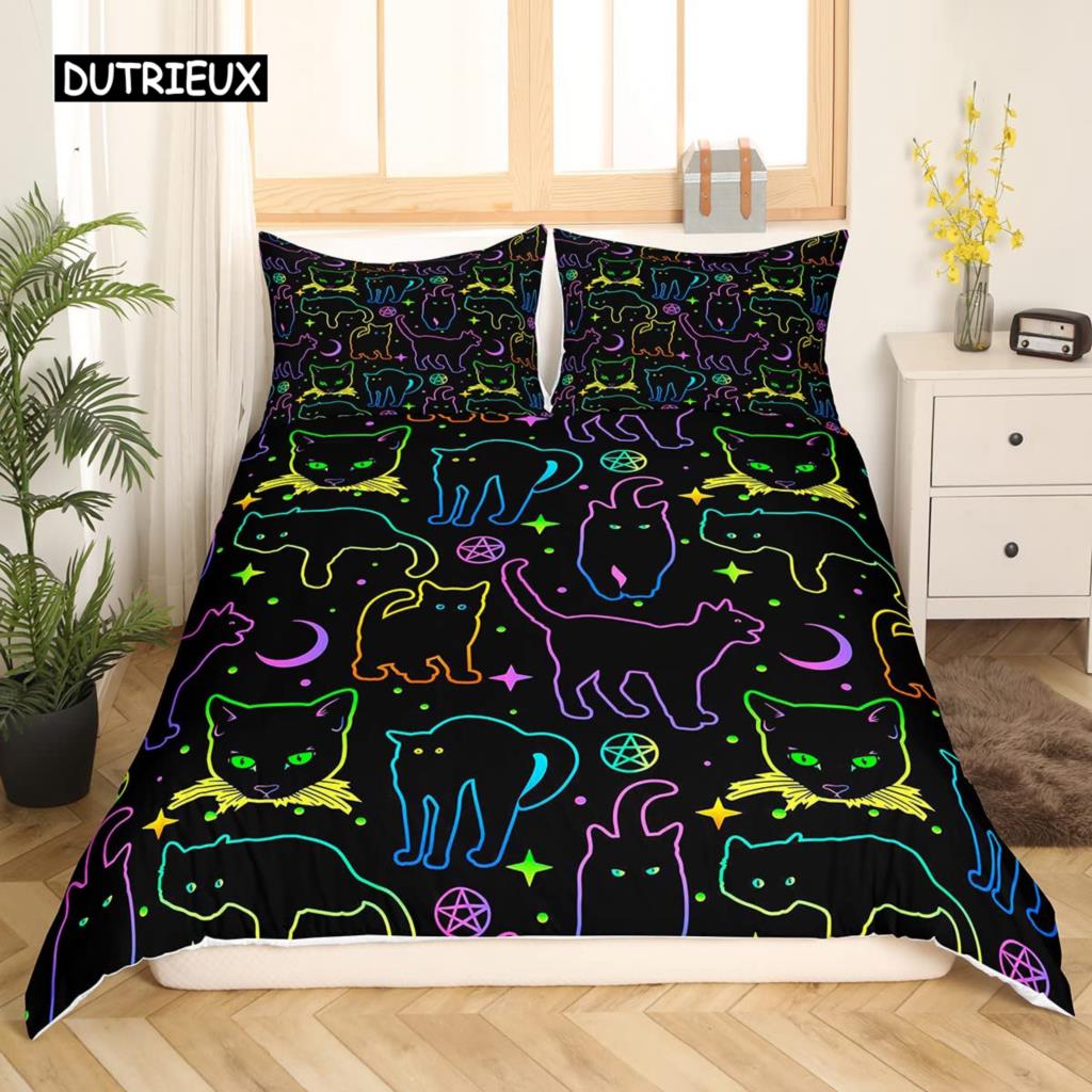 Sada povlečení na peřinu s kreslenou kočkou, sada ložního prádla s kresleným zvířecím potiskem a povlakem na polštář, 2/3dílná přikrývka do ložnice