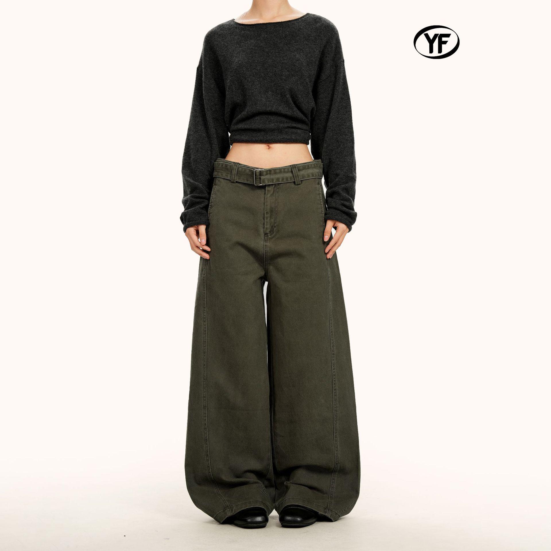 Yongfang Unisex Military Green Retro Wide-Leg Floor-Length Jeans L
