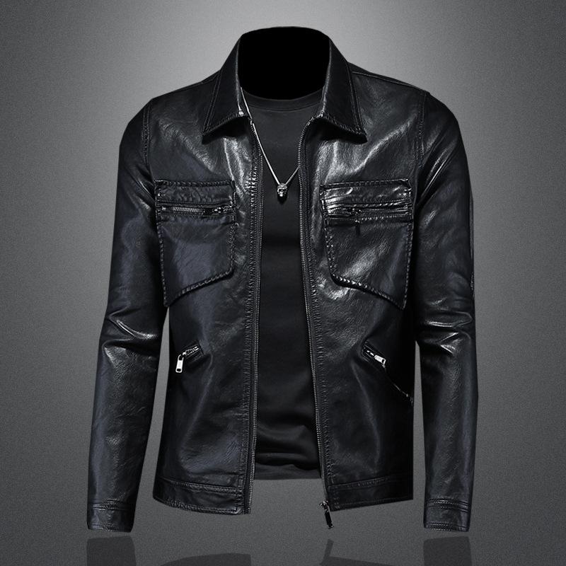 Fashion Lapel Mens Turn-Down Collar Leather Jacket New Style Loose Slim Fit Casual Bomber Outerwear Motorcycle Jacket 7016