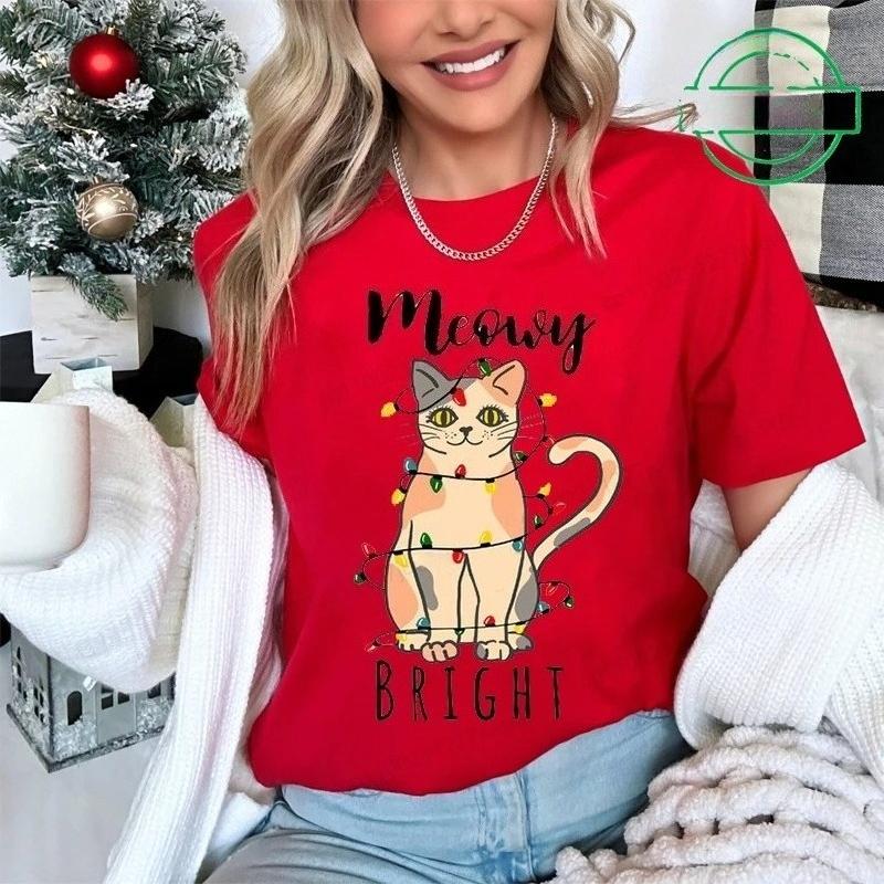 Funny Christmas Cat Printed T-Shirt Women Summer Fashion Tshirt Christmas Party Casual Fashion Tee Shirt Short Sleeve Tops
