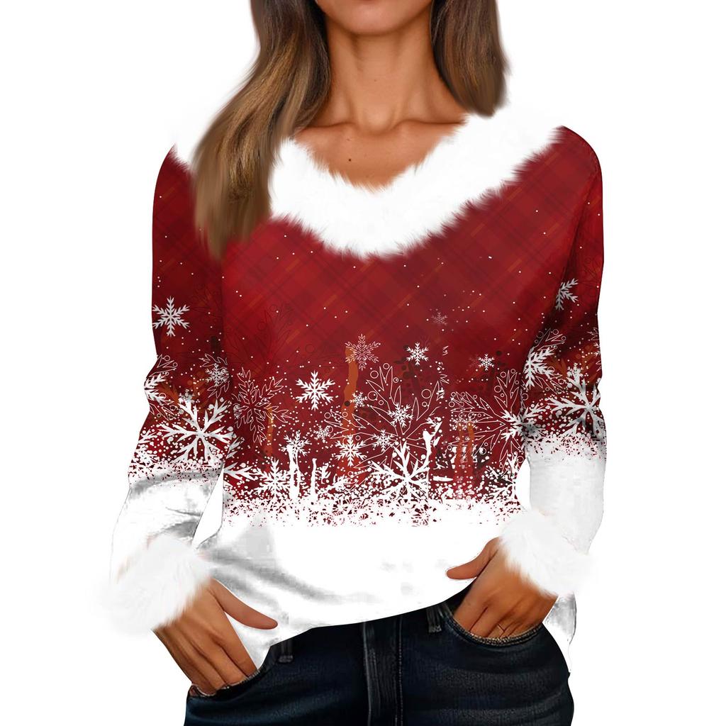 Women's Fashionable Casual V-Neck Christmas Print Long-Sleeved Top