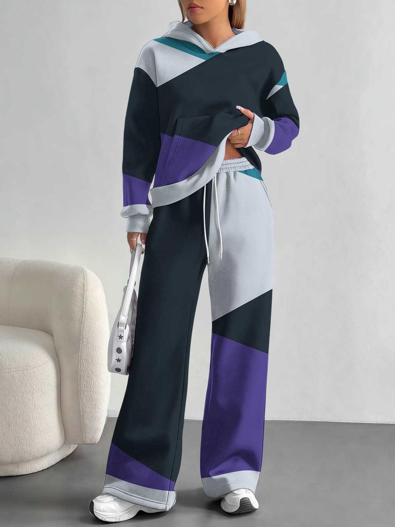 Flame splicing European and American autumn and winter casual long-sleeved suit women's hooded sweater trousers two-piece set