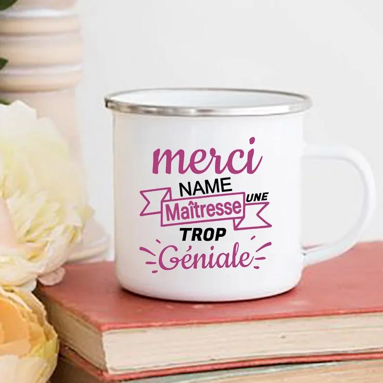 Personalised Custom Name Mug Merci Maitresse Coffee Cups Drinks Water Cup Enamel Mugs School Home Handle Drinkware Teacher Gifts